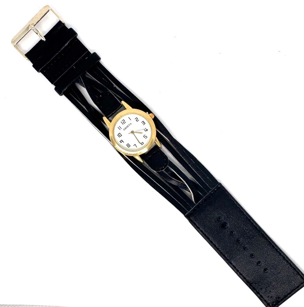 Vtg New Black Ladies Women's Watch with Gold Metal Face Fresh Battery Item #1099